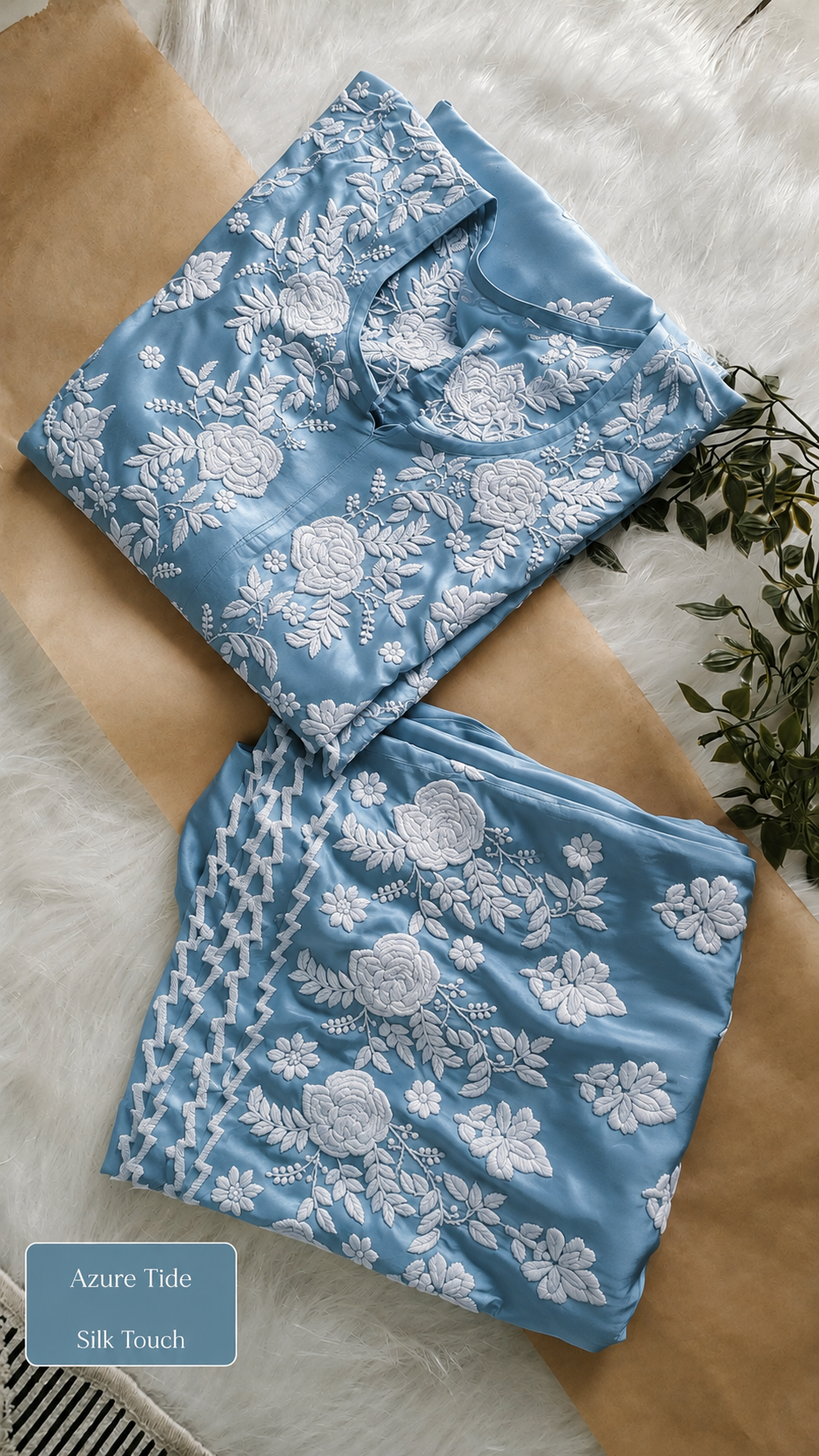 Azure Tide Co-ord Set by LVW Fashions featuring intricate back and sleeves embroidery, handmade Lucknow Chikankari kurta.