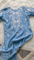 Azure Tide Co-ord Set by LVW Fashions featuring handmade Lucknow Chikankari embroidery on back and sleeves.