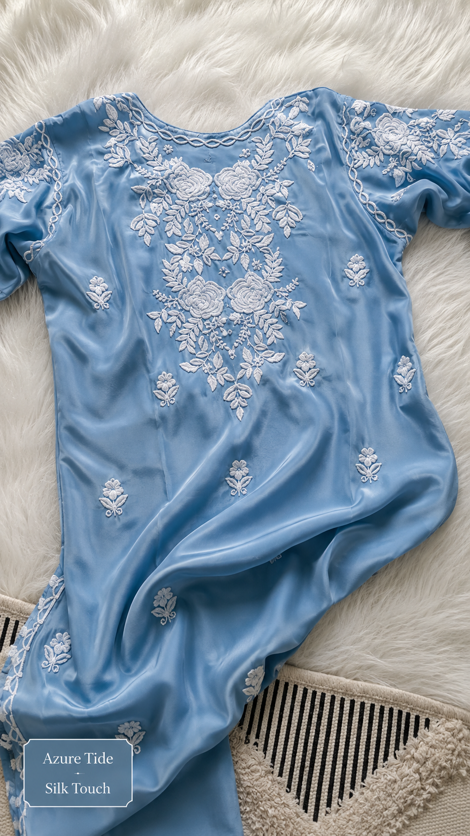 Azure Tide Co-ord Set by LVW Fashions featuring handmade Lucknow Chikankari embroidery on back and sleeves.