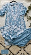 Azure Tide Co-ord Set by LVW Fashions featuring handmade Lucknow Chikankari embroidery on back and sleeves.