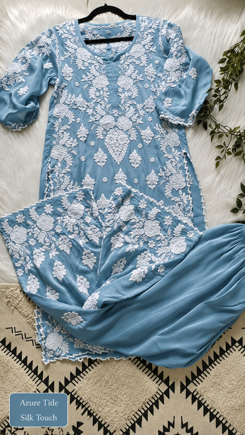 Azure Tide Co-ord Set by LVW Fashions featuring handmade Lucknow Chikankari embroidery on back and sleeves.