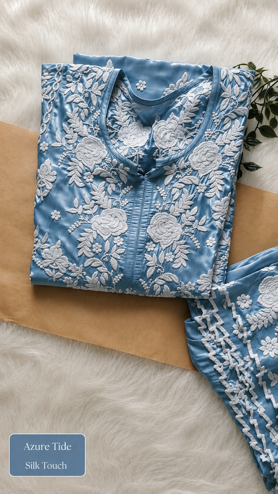 Azure Tide Co-ord Set by LVW Fashions featuring handmade Lucknow Chikankari embroidery on back and sleeves.