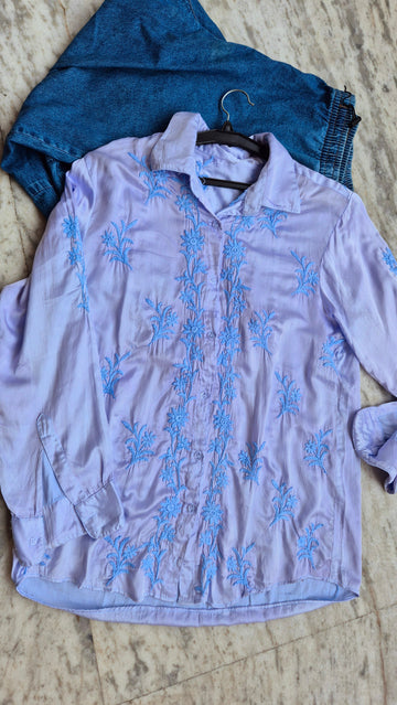 Beautiful ink blue satin silk Chikankari shirt by LVW Fashions, handcrafted Lucknow kurta with intricate embroidery.