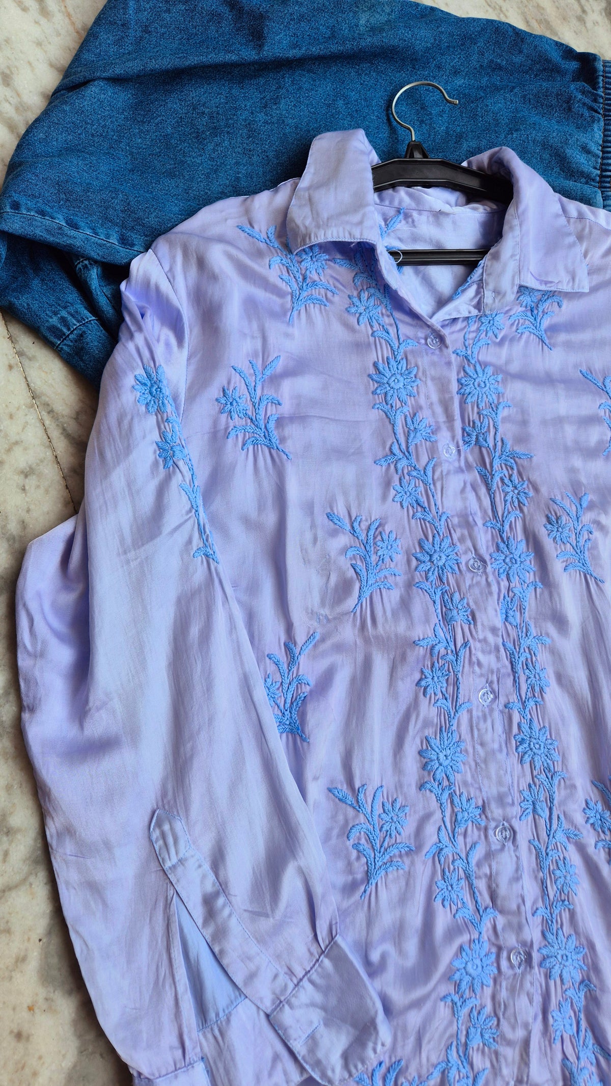 Beautiful ink blue satin silk Chikankari shirt by LVW Fashions, handcrafted Lucknow embroidery on premium fabric.
