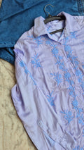 Beautiful ink blue satin silk Chikankari shirt by LVW Fashions, handmade Lucknow Chikankari kurta with intricate embroidery.