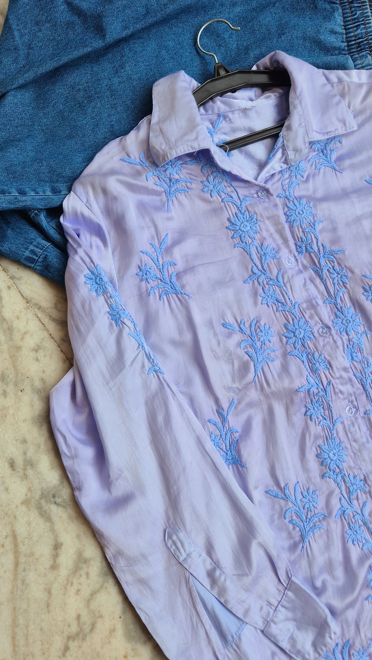 Beautiful ink blue satin silk Chikankari shirt by LVW Fashions, handmade Lucknow Chikankari kurta with intricate embroidery.