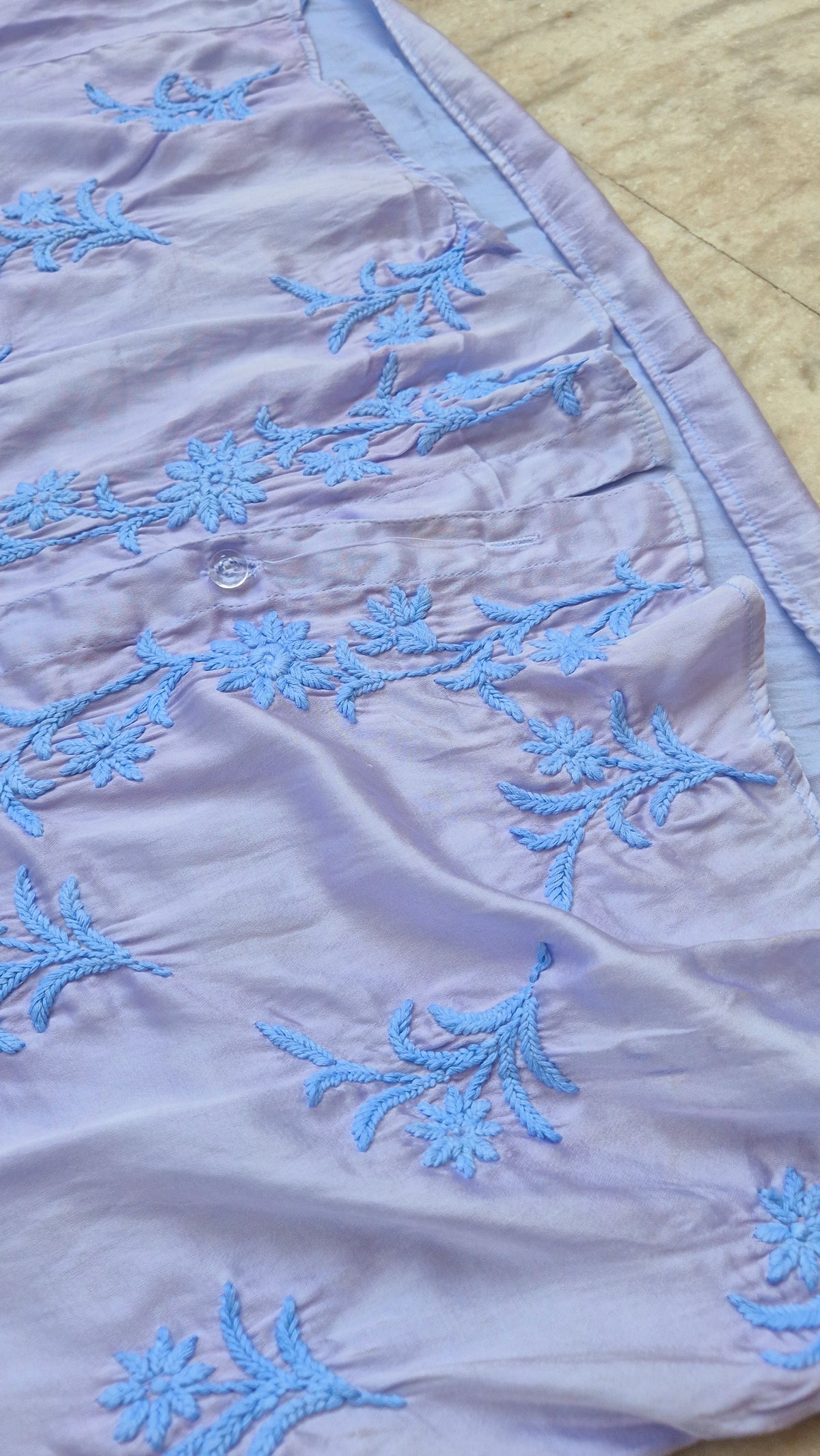 Beautiful ink blue satin silk Chikankari shirt by LVW Fashions, handmade Lucknow Kurta with intricate embroidery.