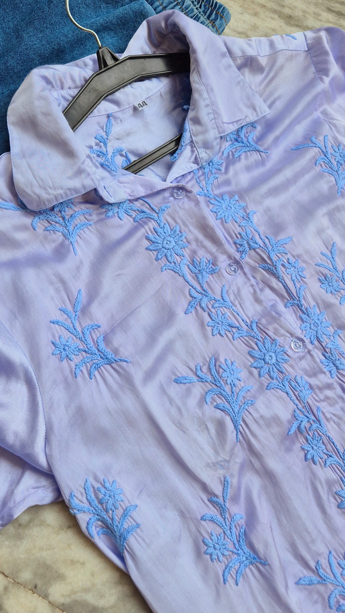 Beautiful ink blue satin silk Chikankari kurta by LVW Fashions, handmade Lucknow chikankari shirt with intricate embroidery.