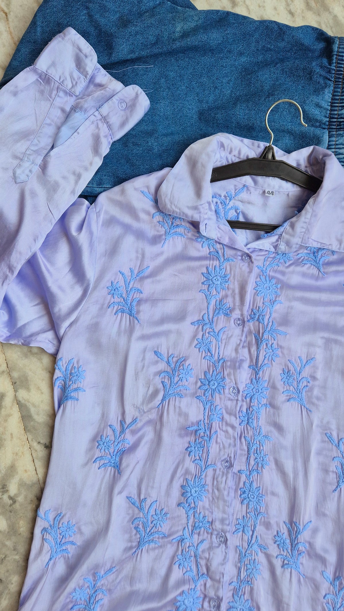 Beautiful ink blue satin silk Chikankari shirt by LVW Fashions, handcrafted Lucknow chikankari kurta with intricate embroidery.
