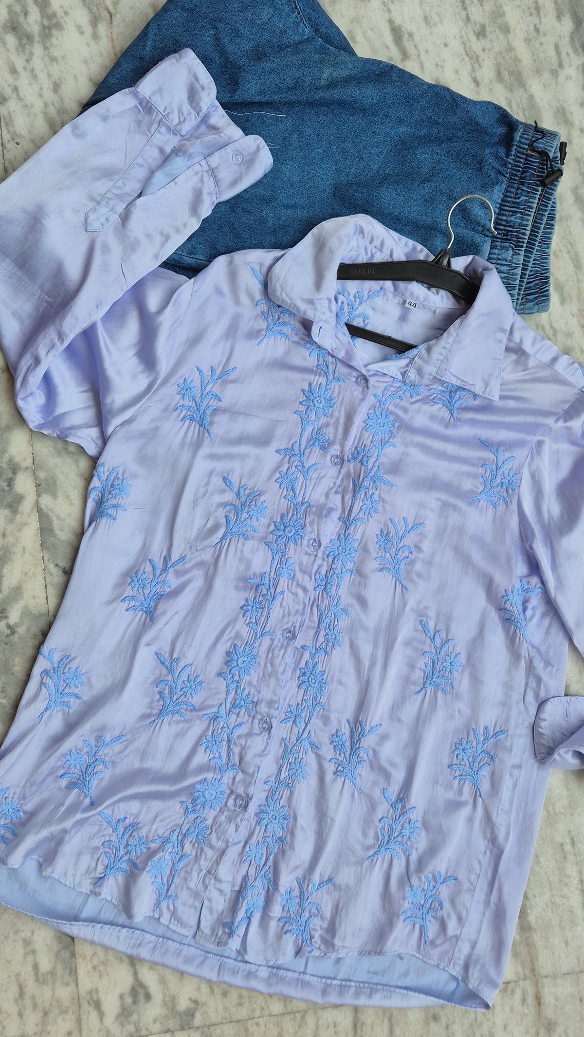 Beautiful ink blue satin silk Chikankari shirt from LVW Fashions, handcrafted Lucknow Chikankari kurta in premium fabric.