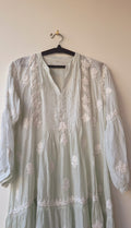 Beautiful pastel midi kurta by LVW Fashions featuring handcrafted Lucknow Chikankari embroidery.