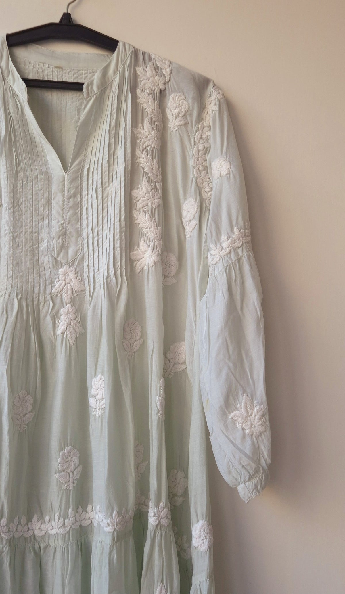 Beautiful pastel midi kurta by LVW Fashions, handcrafted Lucknow Chikankari embroidery, made from pure fabric.