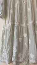 Beautiful pastel midi kurta with handcrafted Lucknow chikankari embroidery by LVW Fashions, made from pure, high-quality fabric.
