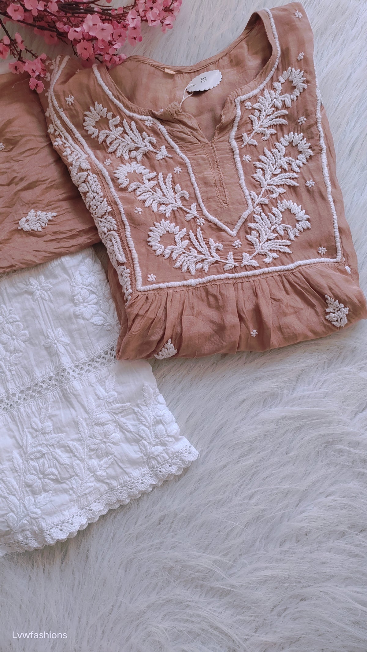 Beautiful handmade Chikankari kurta and co-ord set by LVW Fashions featuring intricate Lucknow embroidery in a premium design.