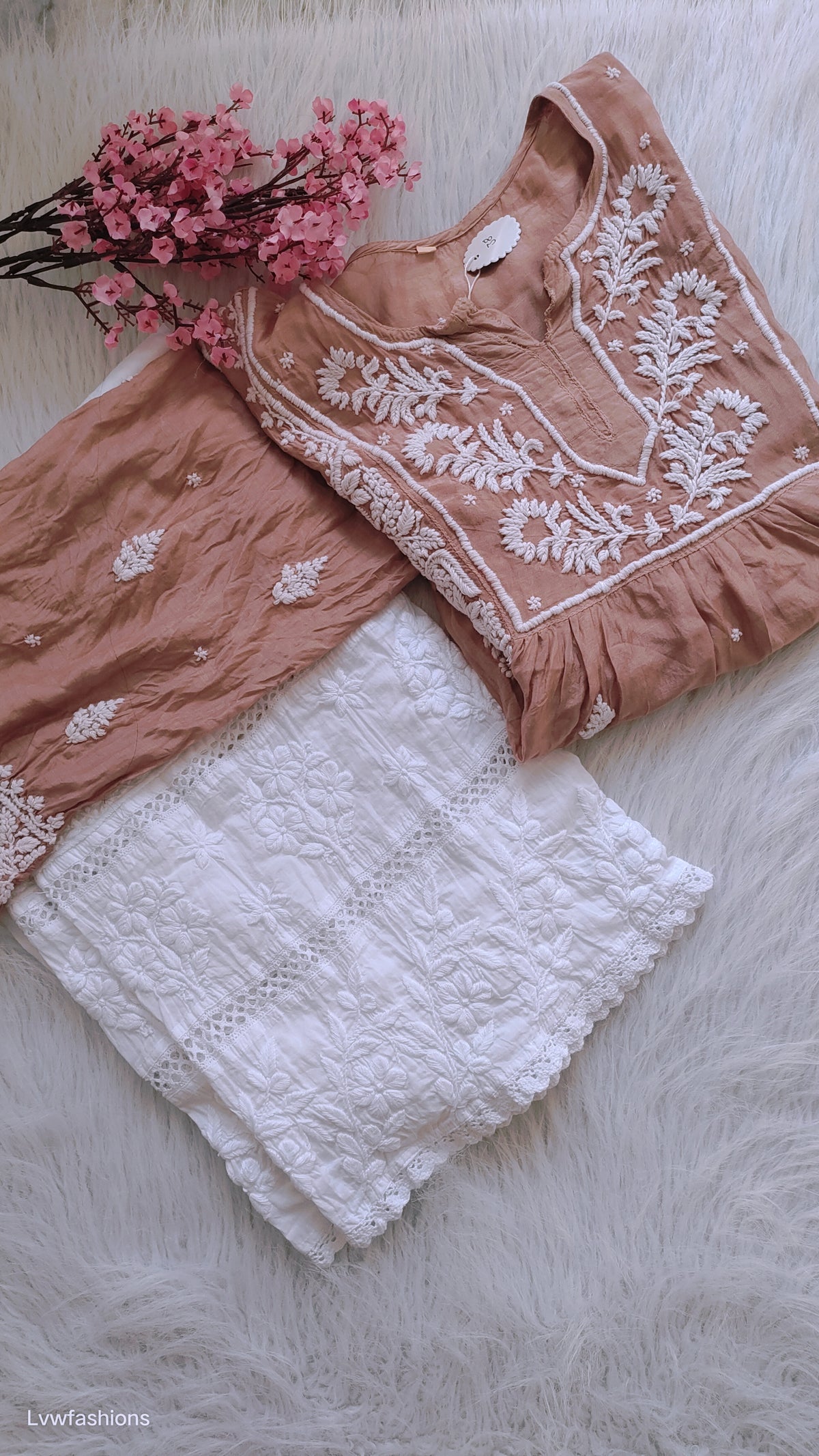 Handmade Lucknow Chikankari kurta and co-ord set by LVW Fashions, featuring intricate embroidery and elegant design.