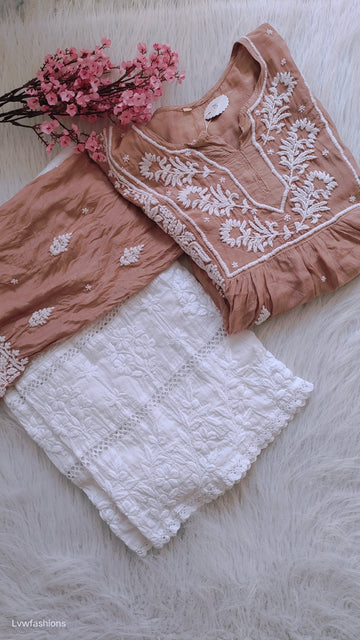 Handmade Lucknow Chikankari kurta and co-ord set by LVW Fashions, featuring intricate embroidery and elegant design.