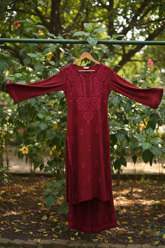 Beautiful premium modal silk handcrafted Chikankari co-ord set by LVW Fashions, featuring intricate Lucknow Chikankari embroidery.