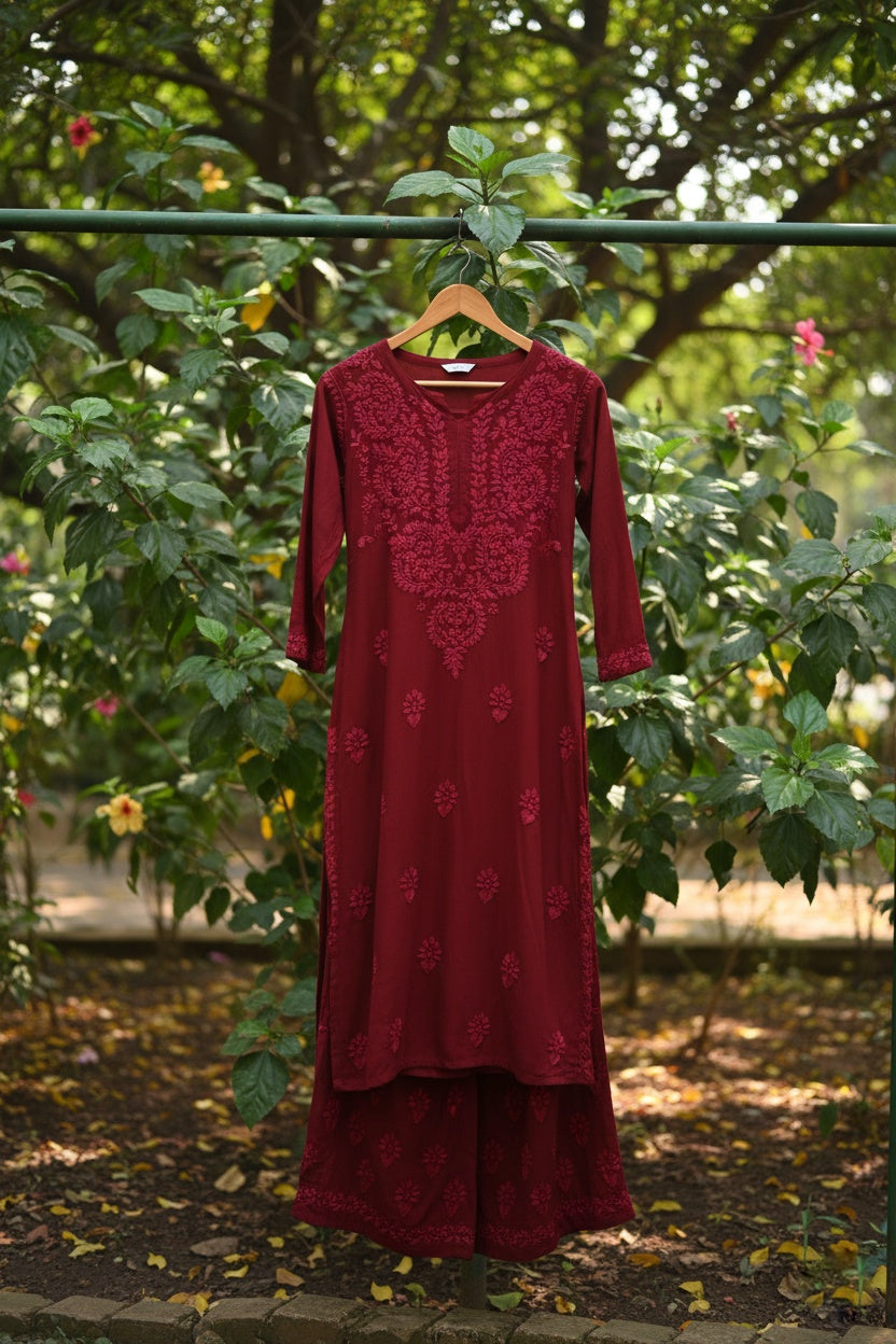 Beautiful premium modal silk handcrafted Chikankari co-ord set by LVW Fashions, featuring intricate Lucknow Chikankari details.