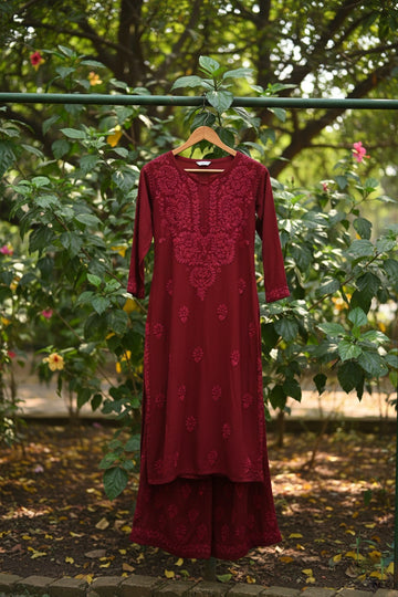 Beautiful premium modal silk handcrafted Chikankari co-ord set by LVW Fashions, featuring intricate Lucknow Chikankari details.