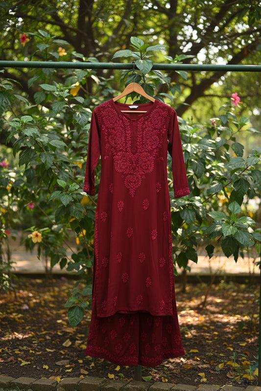 Beautiful premium modal silk handcrafted Chikankari co-ord set by LVW Fashions, featuring intricate Lucknow Chikankari details.