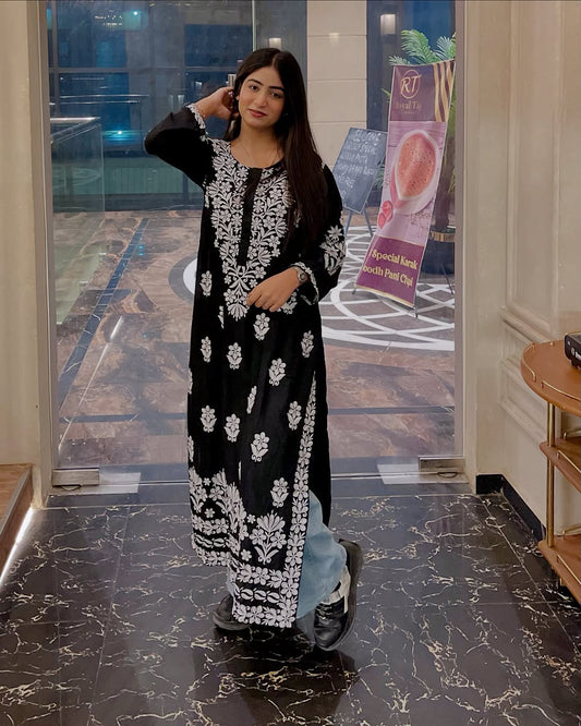 Handcrafted black silk cotton long kurta with intricate Lucknow Chikankari embroidery by LVW Fashions