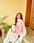 Blush pink and white georgette Chikankari kurti set by LVW Fashions with intricate hand embroidery, traditional Lucknow craftsmanship.