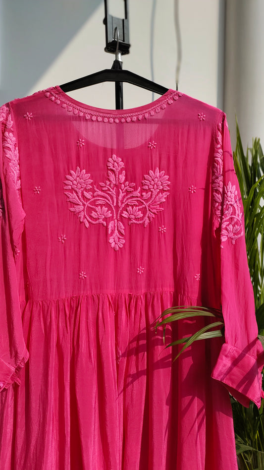 Hot pink georgette Afgani set with dupatta and chikankari kurta from LVW Fashions, featuring intricate Lucknow hand embroidery.