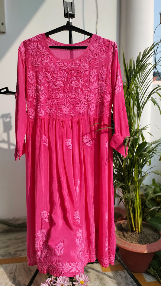 Candy hot pink premium georgette Afgani set with dupatta from LVW Fashions featuring handmade Lucknow Chikankari embroidery.