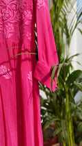 Candy hot pink premium georgette Afgani set with dupatta, handmade Lucknow chikankari kurta by LVW Fashions.