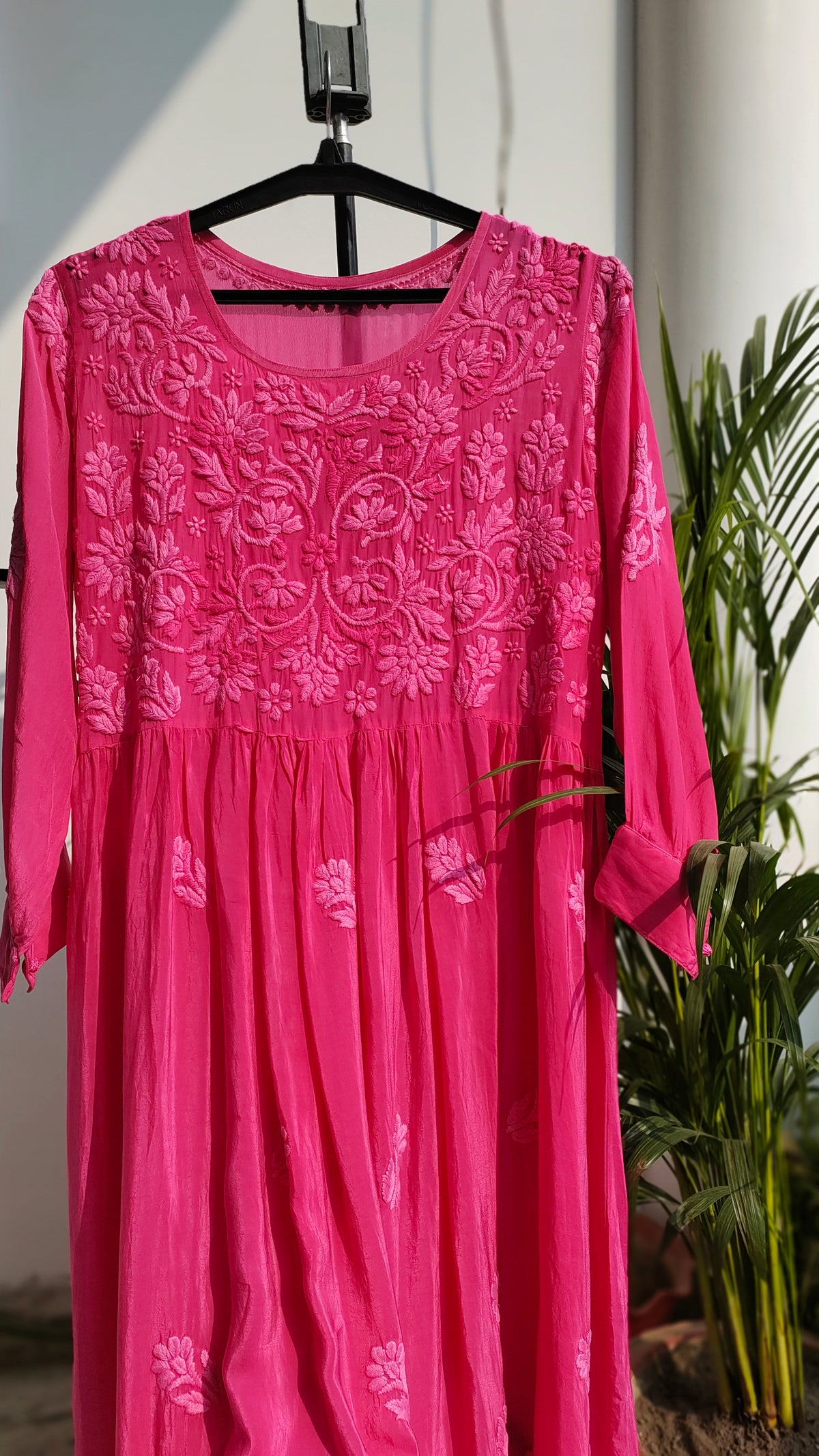 Hot pink premium georgette Afgani set with dupatta, handmade Lucknow chikankari kurta by LVW Fashions, includes matching dupatta.