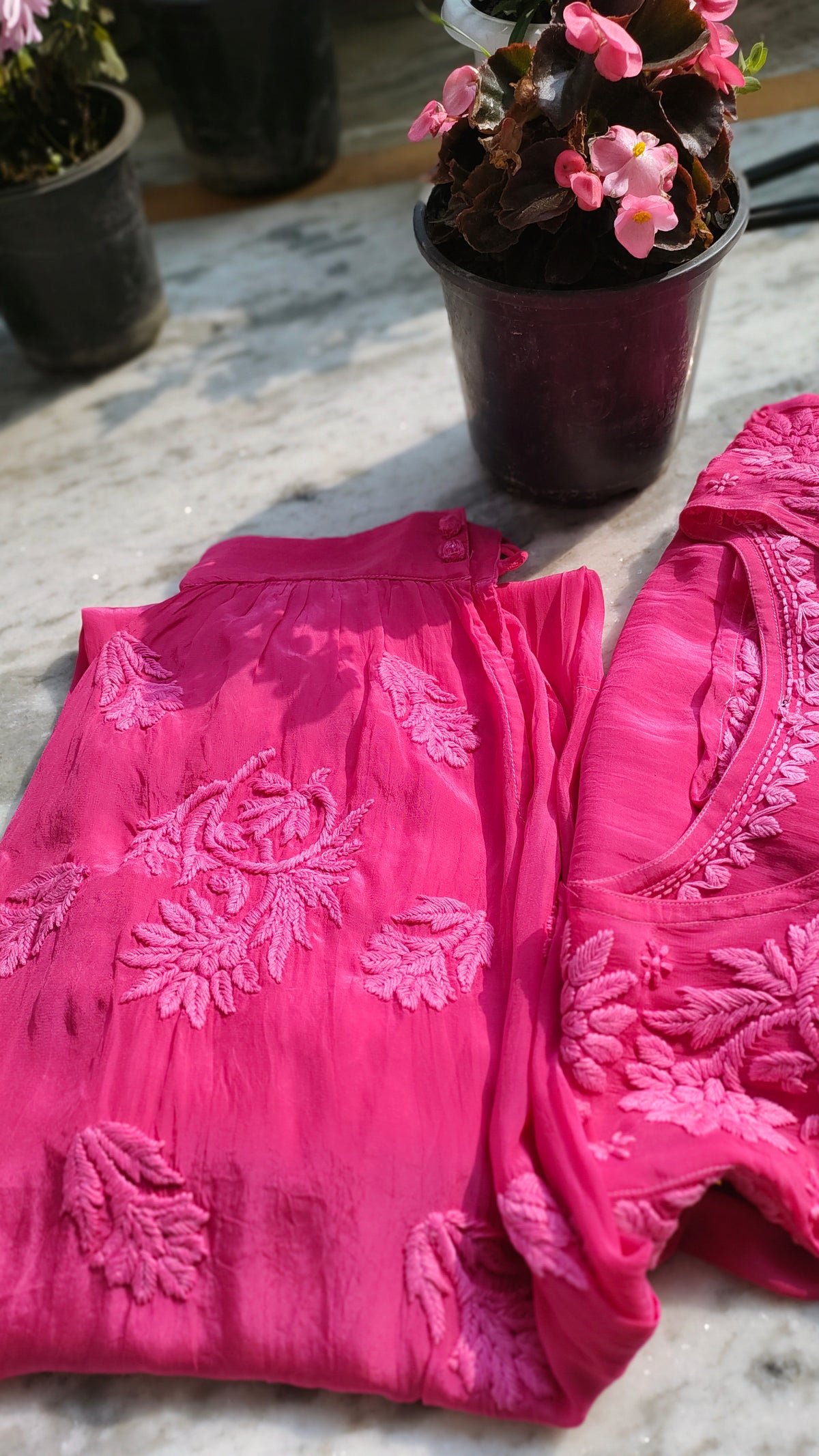 Candy hot pink premium georgette Afgani set with dupatta, handmade Lucknow chikankari kurta by LVW Fashions.