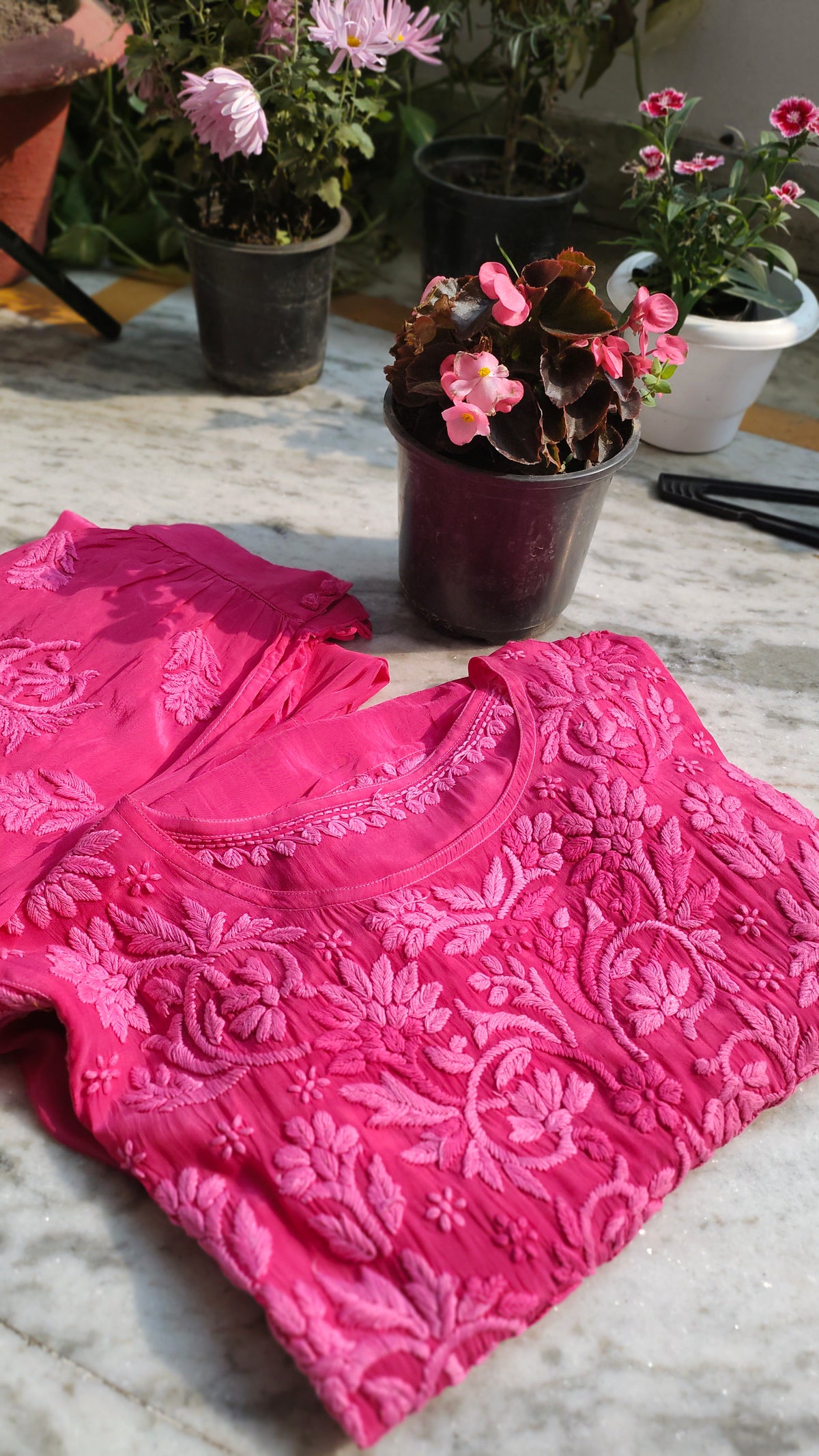 Hot pink georgette Afgani set with dupatta and handmade Lucknow Chikankari kurta by LVW Fashions, lightweight and elegant.