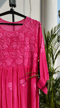 Candy hot pink premium georgette Afgani set with dupatta, handmade Lucknow Chikankari kurta by LVW Fashions.