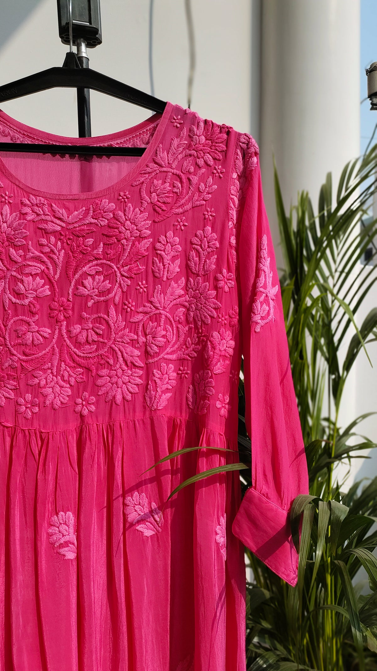 Candy hot pink premium georgette Afgani set with dupatta, handmade Lucknow Chikankari kurta by LVW Fashions.