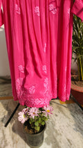 Candy hot pink premium georgette Afgani set with dupatta, handmade Lucknow chikankari kurta by LVW Fashions.