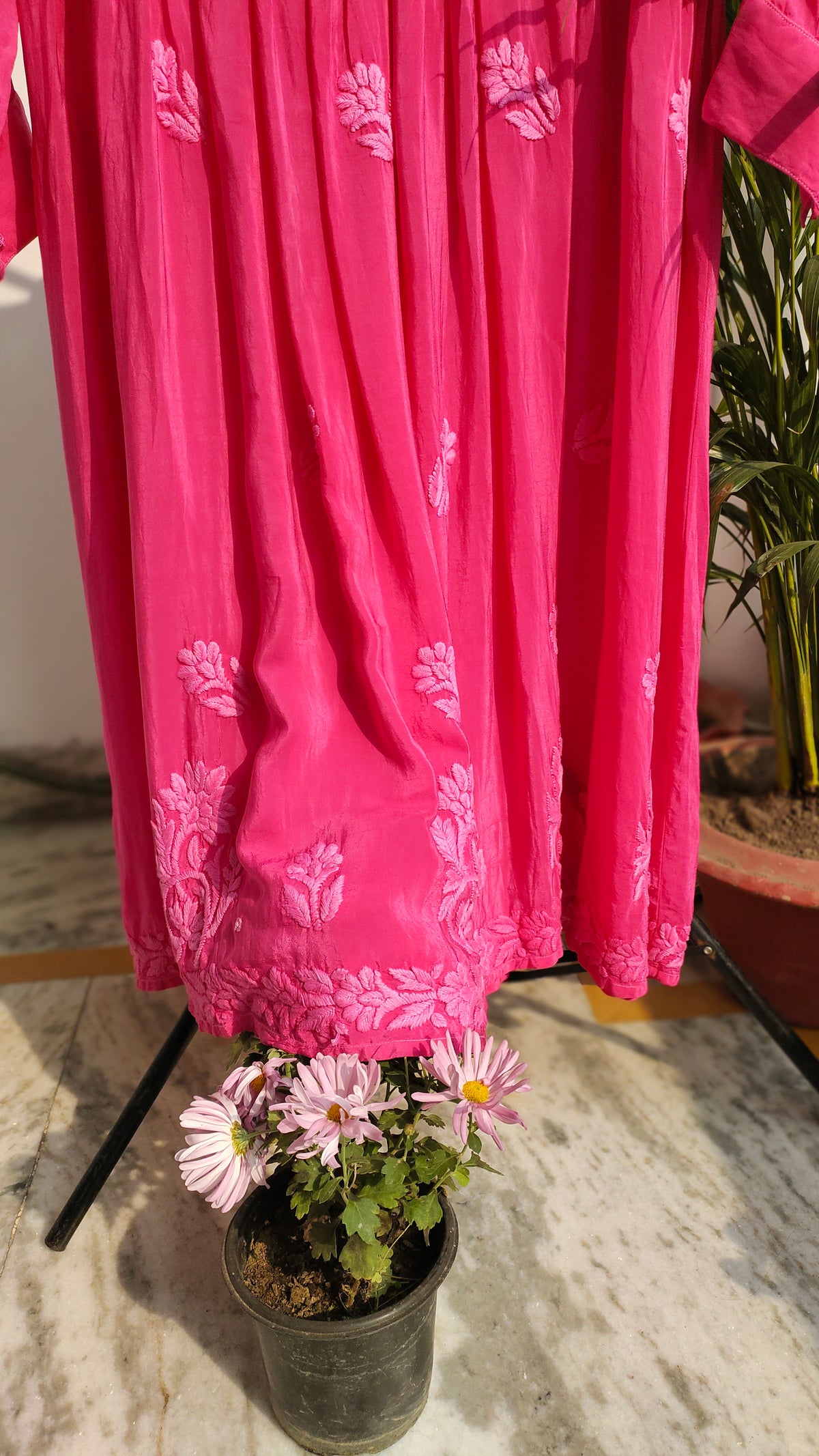 Candy hot pink premium georgette Afgani set with dupatta, handmade Lucknow chikankari kurta by LVW Fashions.