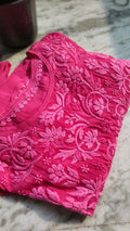 Candy hot pink premium georgette Afgani set with dupatta by LVW Fashions, featuring handmade Lucknow chikankari kurta and intricate embroidery.