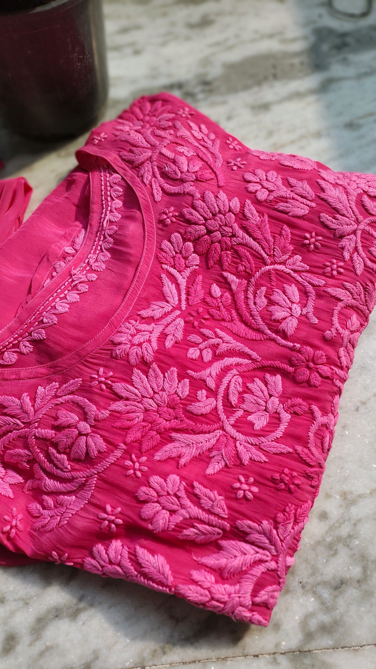 Candy hot pink premium georgette Afgani set with dupatta by LVW Fashions, featuring handmade Lucknow chikankari kurta and intricate embroidery.