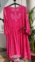 Candy hot pink georgette Afgani set with dupatta and chikankari kurta, handmade by LVW Fashions with traditional Lucknow embroidery.