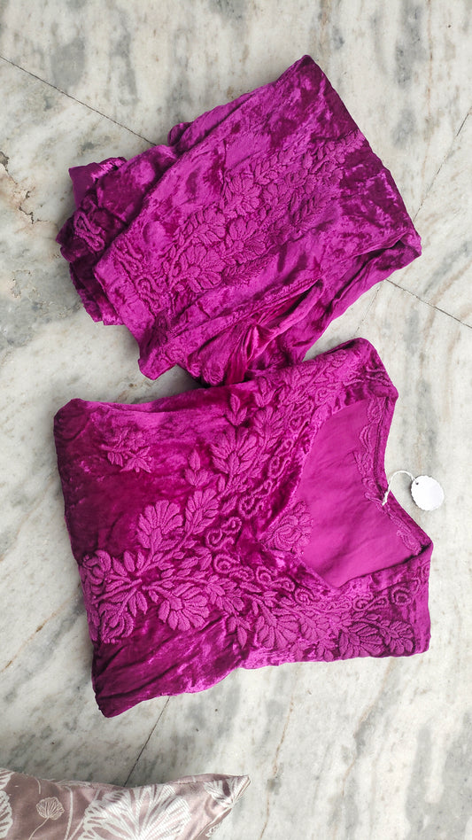 Candy pink Makhmal Chikankari co-ord set by LVW Fashions featuring luxurious embroidered kurta and matching pants.
