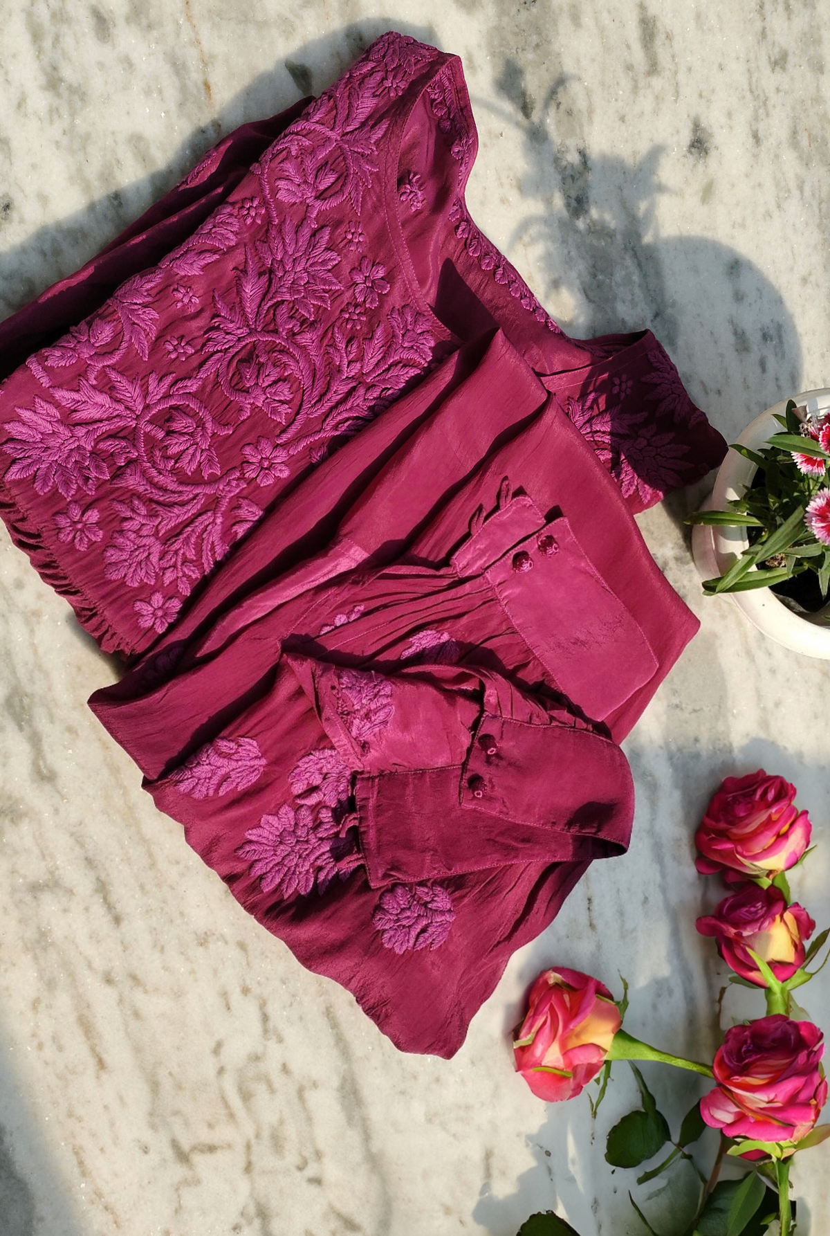 Handmade Candy Silk Afgani Chikankari set with dupatta, featuring intricate Lucknow Chikankari embroidery and traditional craftsmanship.