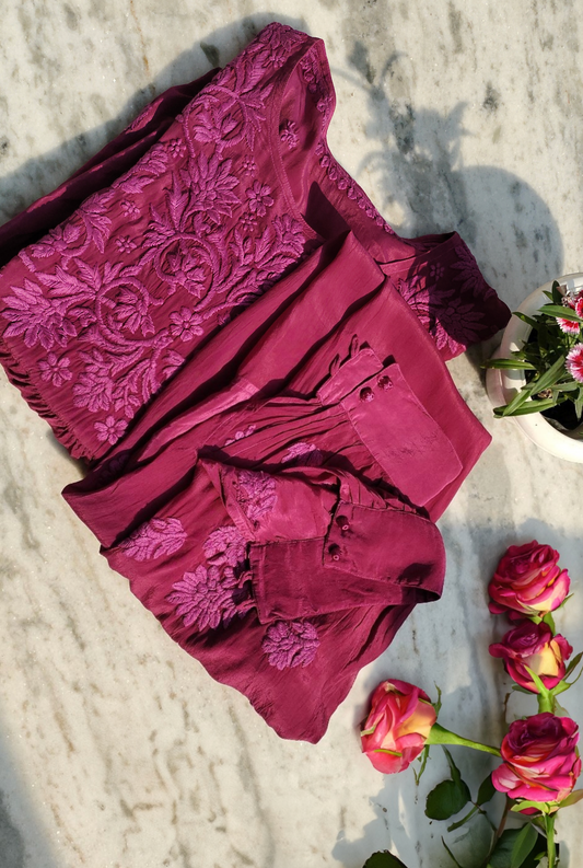 Handmade Candy Silk Afgani Chikankari set with dupatta, featuring intricate Lucknow Chikankari embroidery and traditional craftsmanship.