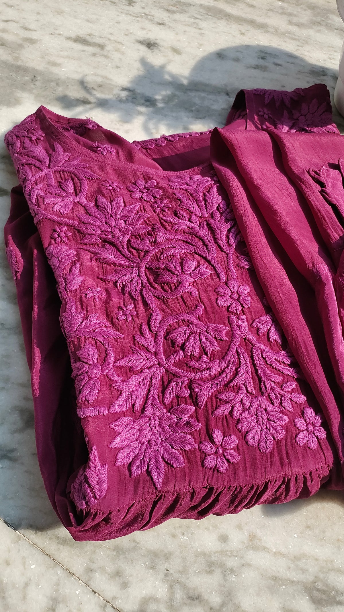 Handmade Candy Silk Afgani Chikankari kurta set with matching dupatta from LVW Fashions, featuring intricate Lucknow chikankari embroidery.