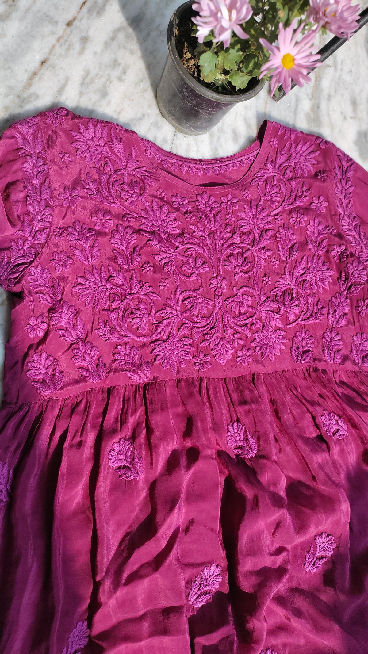 Handmade Afgani Chikankari kurta with dupatta by LVW Fashions, featuring intricate Lucknow chikankari embroidery in Candy Silk.
