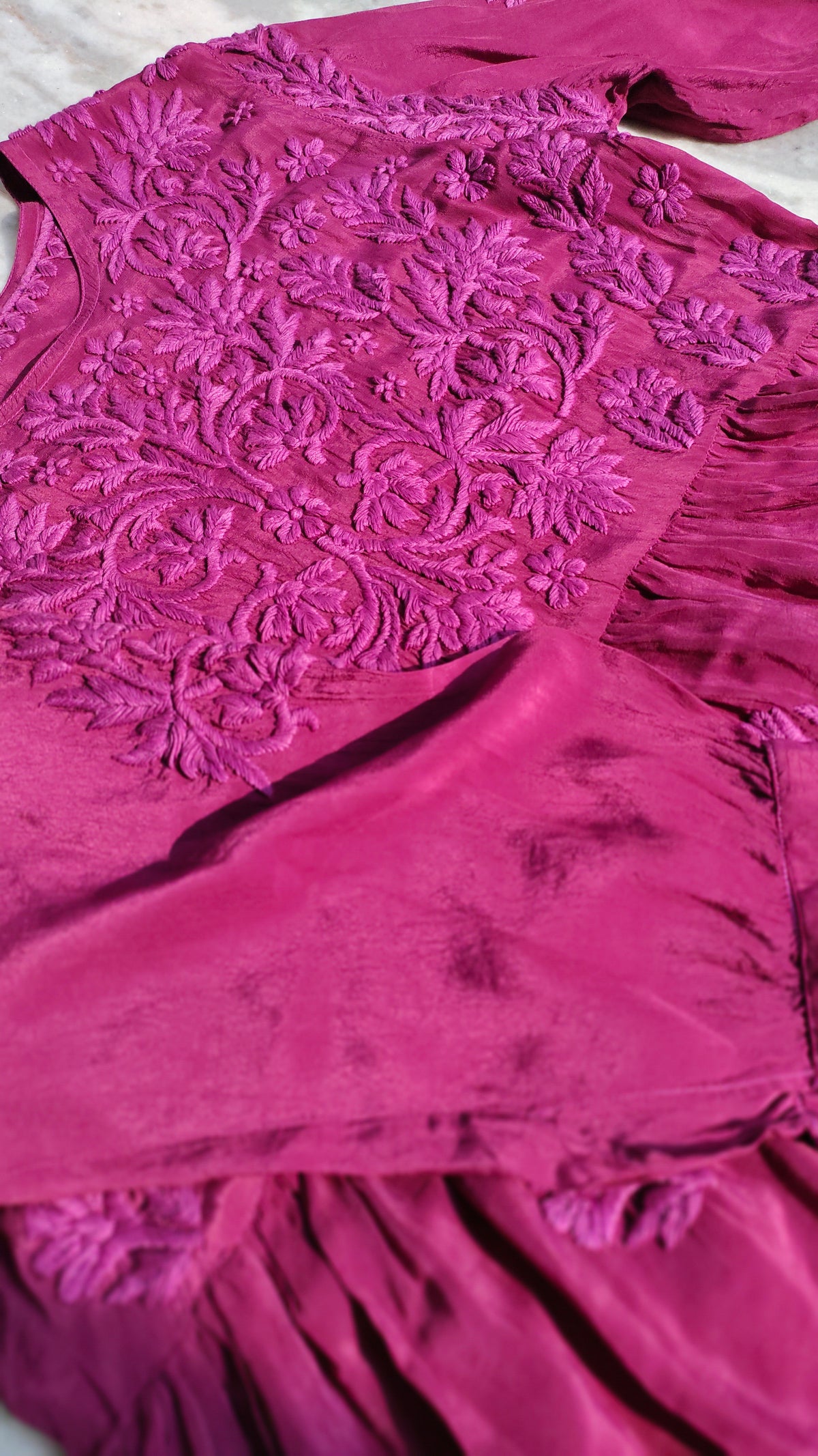 Handmade Candy Silk Afgani Chikankari set with dupatta by LVW Fashions, featuring intricate Lucknow Chikankari embroidery.