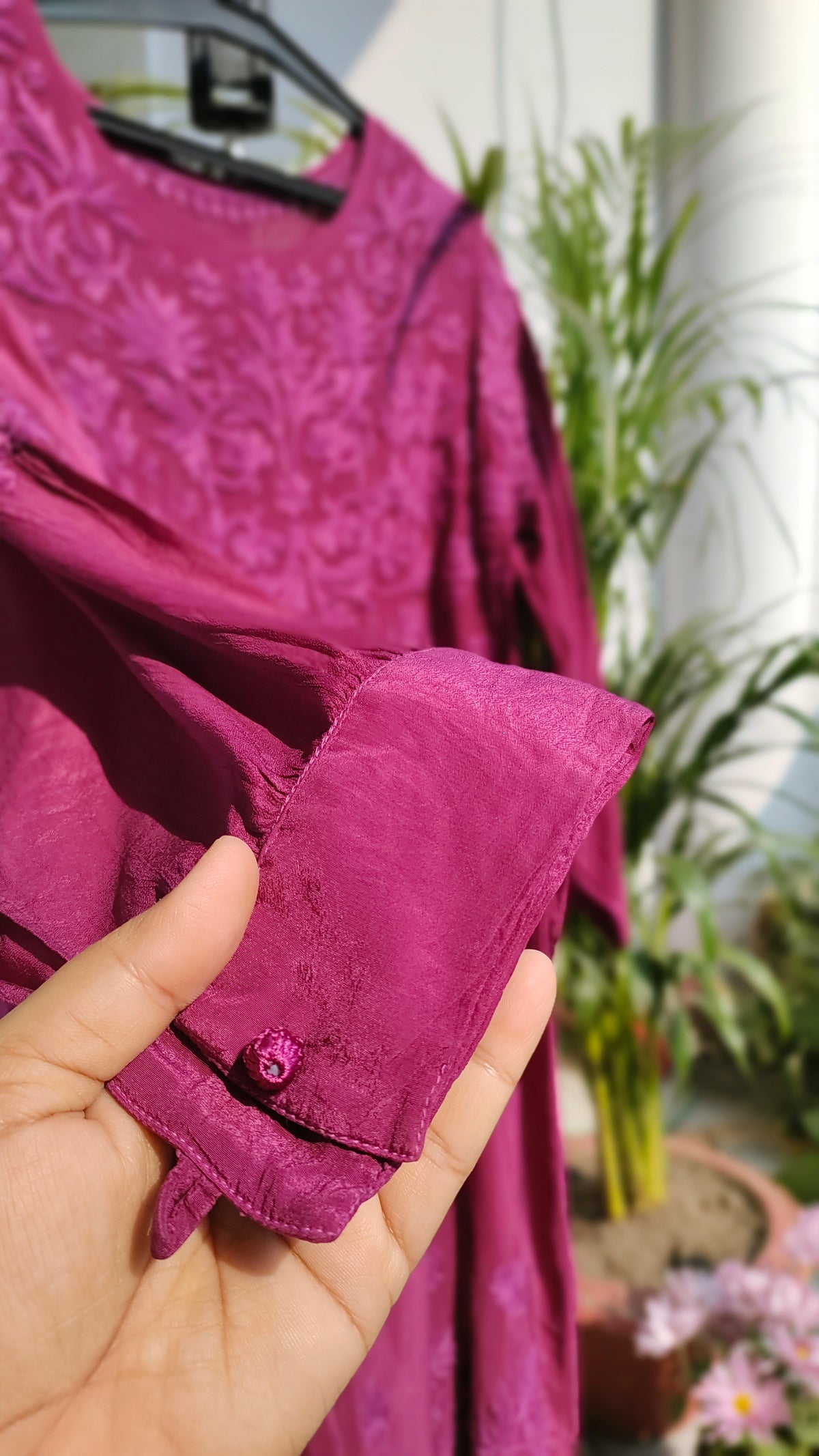Handmade Afgani Chikankari set with dupatta in Candy Silk by LVW Fashions, featuring intricate Lucknow chikankari embroidery.