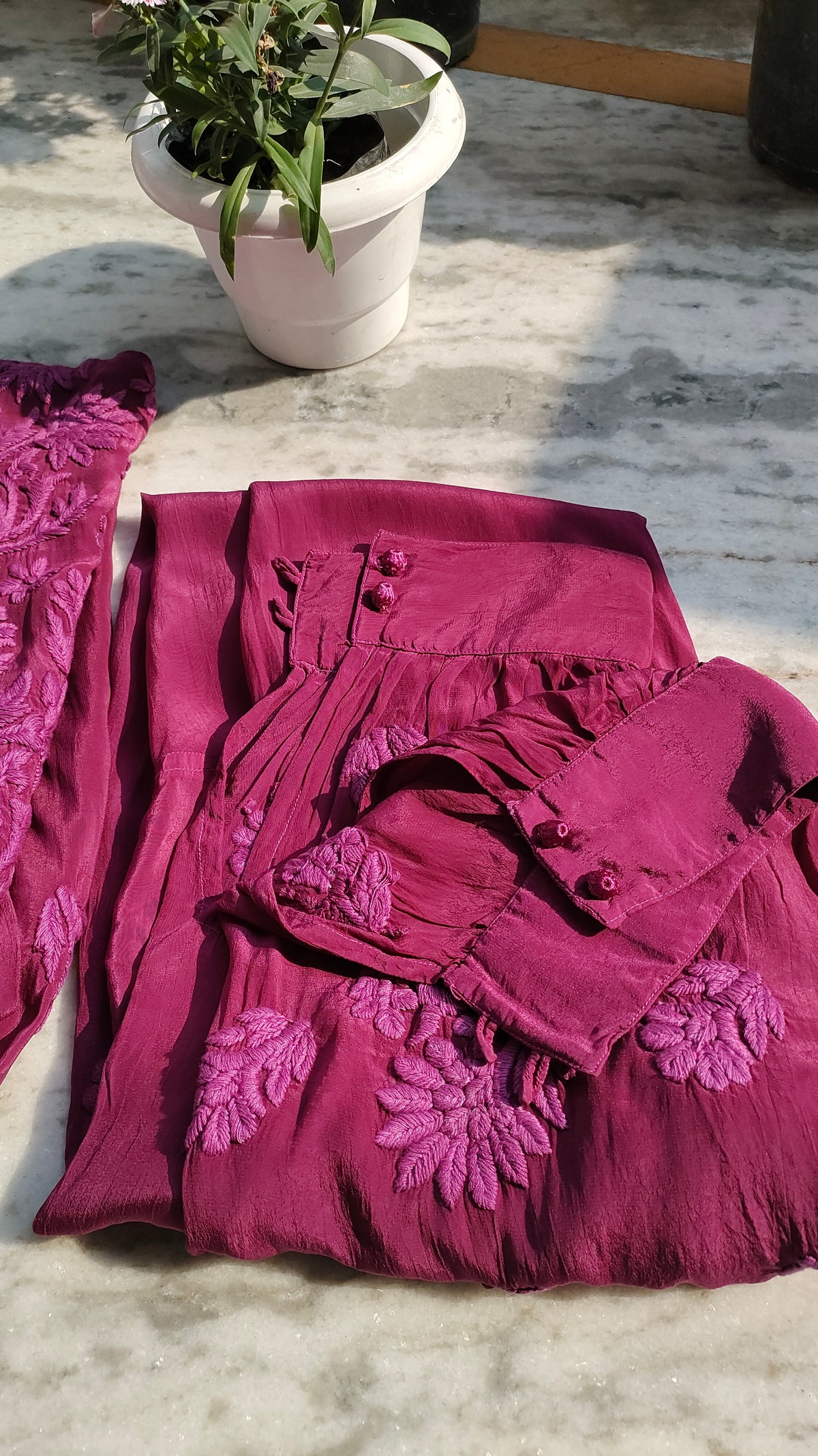 Handmade Candy Silk Afgani Chikankari set with dupatta by LVW Fashions, traditional Lucknow Chikankari kurta in XXS size.