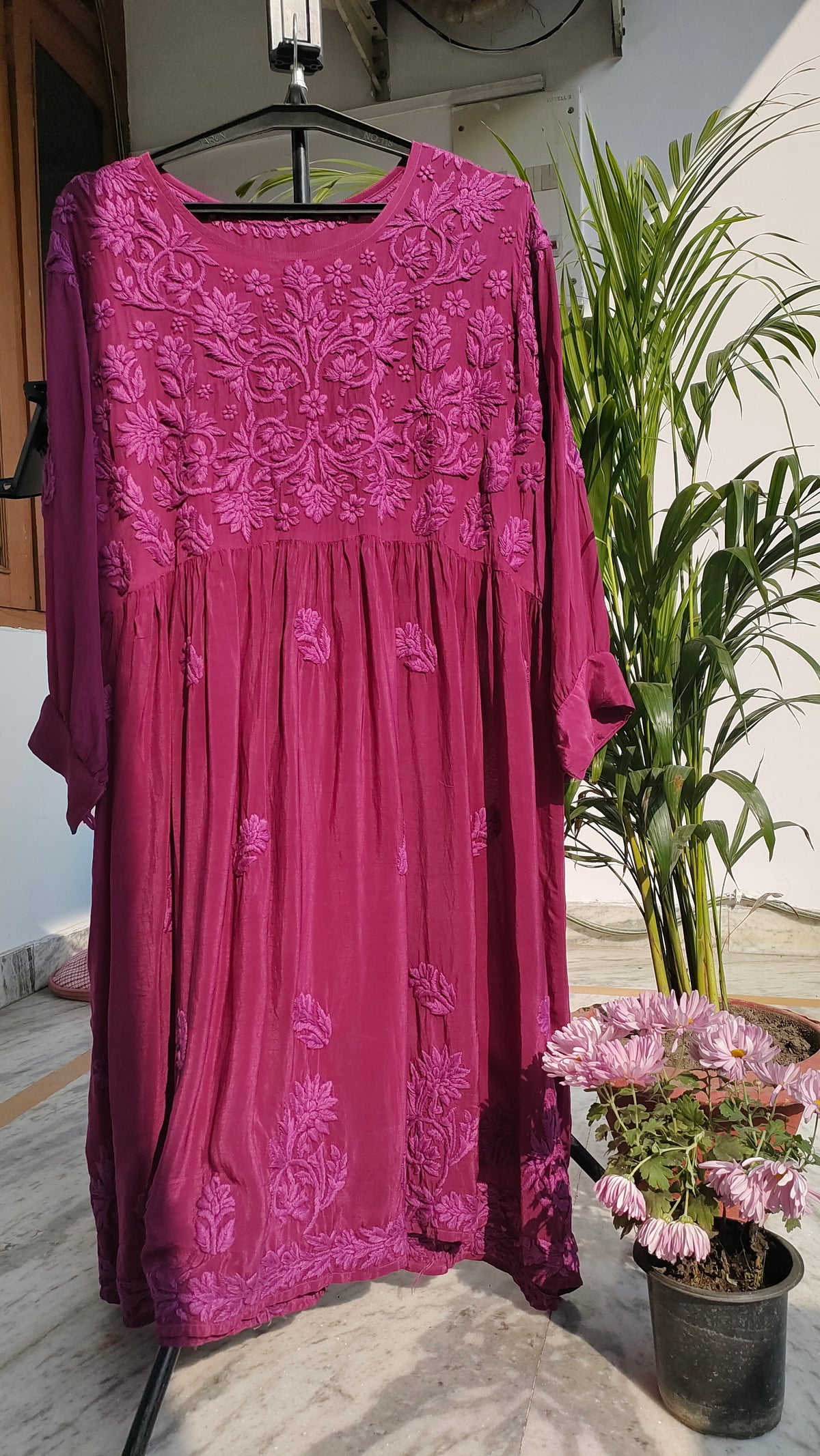 Handmade Lucknow Chikankari kurta set with dupatta in Candy Silk Premium Afgani style by LVW Fashions.