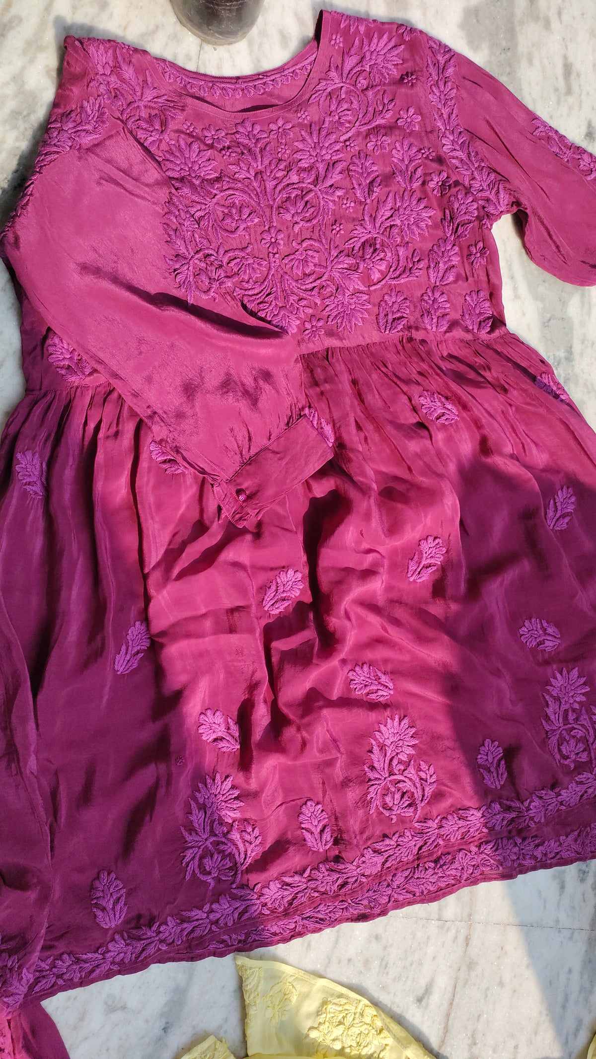 Handmade Candy Silk Afgani Chikankari set with dupatta, traditional Lucknow-style embroidery by LVW Fashions.