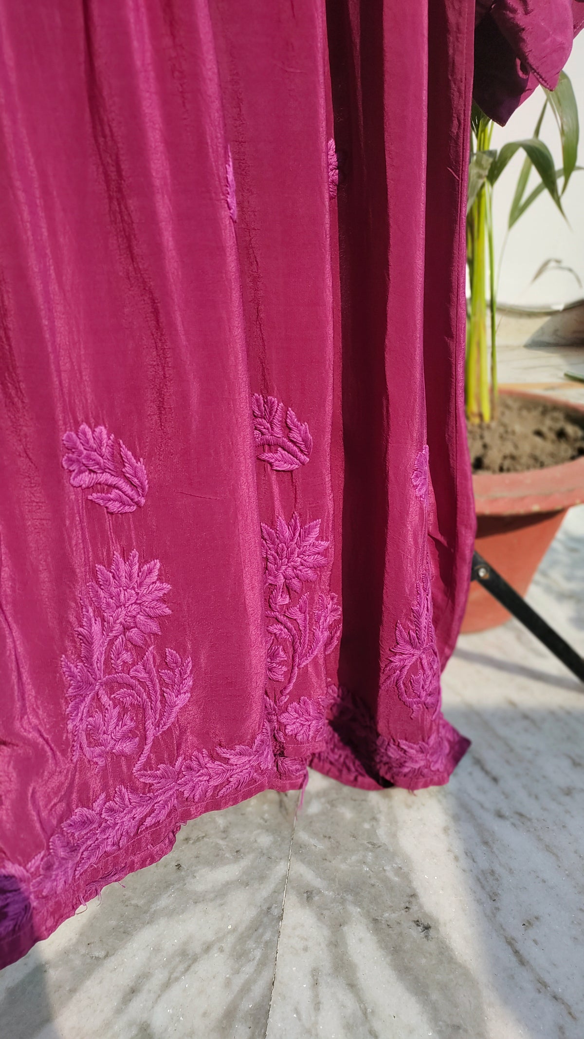 Handmade Candy Silk Afgani Chikankari Kurta set with dupatta, featuring intricate Lucknow Chikankari embroidery by LVW Fashions.